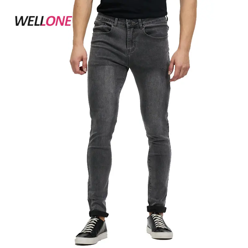 Nietje Light Grey Gewassen Jean Stretch Katoen Denim Front Xip Fly Vijf-Zakken Ontwerp Aangepaste Mens Skinny Jeans Mannen