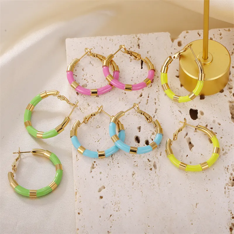 Anting-anting Hoop Enamel Multi warna desain baru anting-anting Hoop baja tahan karat berlapis emas 18k warna-warni gaya Boho 2023