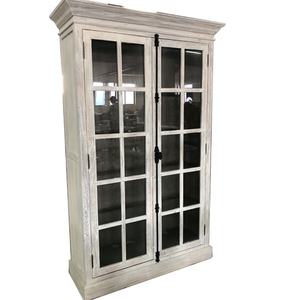 Armoire de rangement en bois recyclé massif de style classique, bibliothèque de style provincial avec porte en verre - Product Image 2