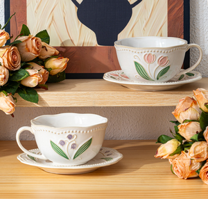 Wholesale Vintage Floral Embossed Ceramic <b>Tea</b> <b>Cup</b> and Saucer <b>Set</b>, Custom Tulip Coffee <b>Cup</b> for Home & Restaurant - Product Image 4