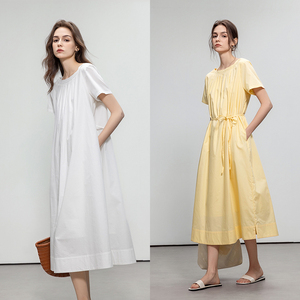 Demana Artistic Style Pure Cotton Dress Women Size 26 Summer New Arrival Elegant Hollow Out Short Sleeve Tie Waist Midi Skirt - Product Image 1