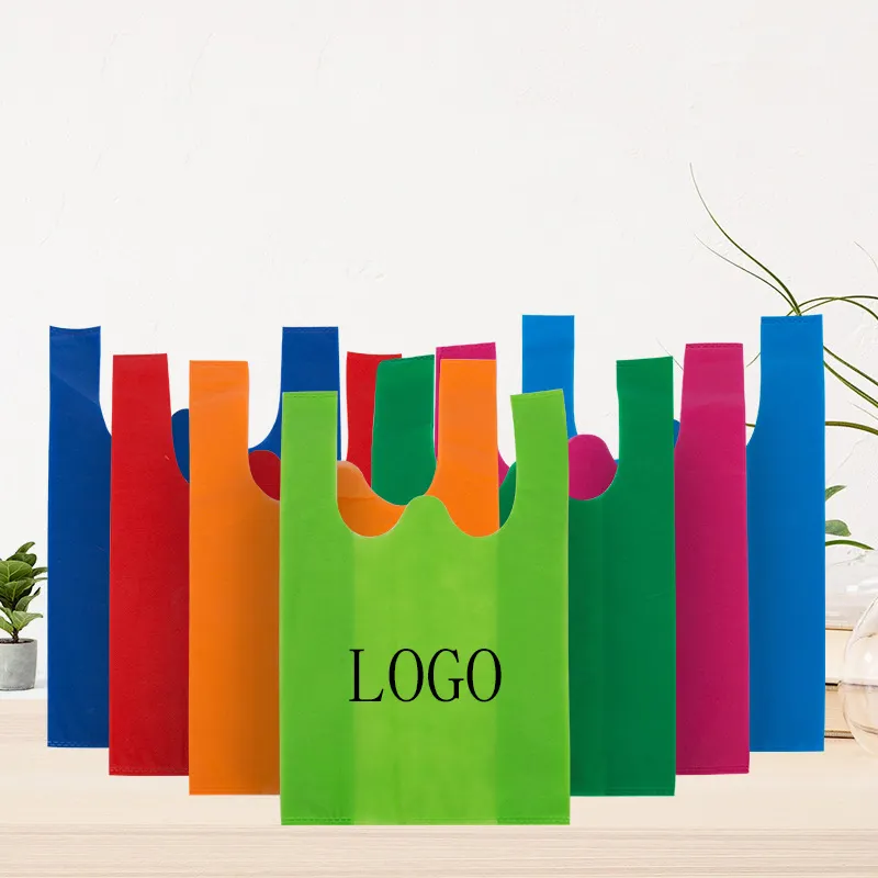 wholesale Colorful logo printed non woven t shirt bags eco friendly W cut shopping t shirt bag