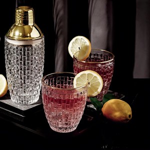 Sang trọng Vàng & Bạc Cocktail Shaker Set khắc rô sọc Martini Shaker Glass Cup cho bartenders - Product Image 2