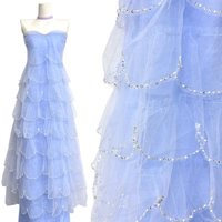 Tissu en tulle superposé pour robe de soirée, bleu, à volants, en maille brodée et perlée, pour jupe de robe de fête