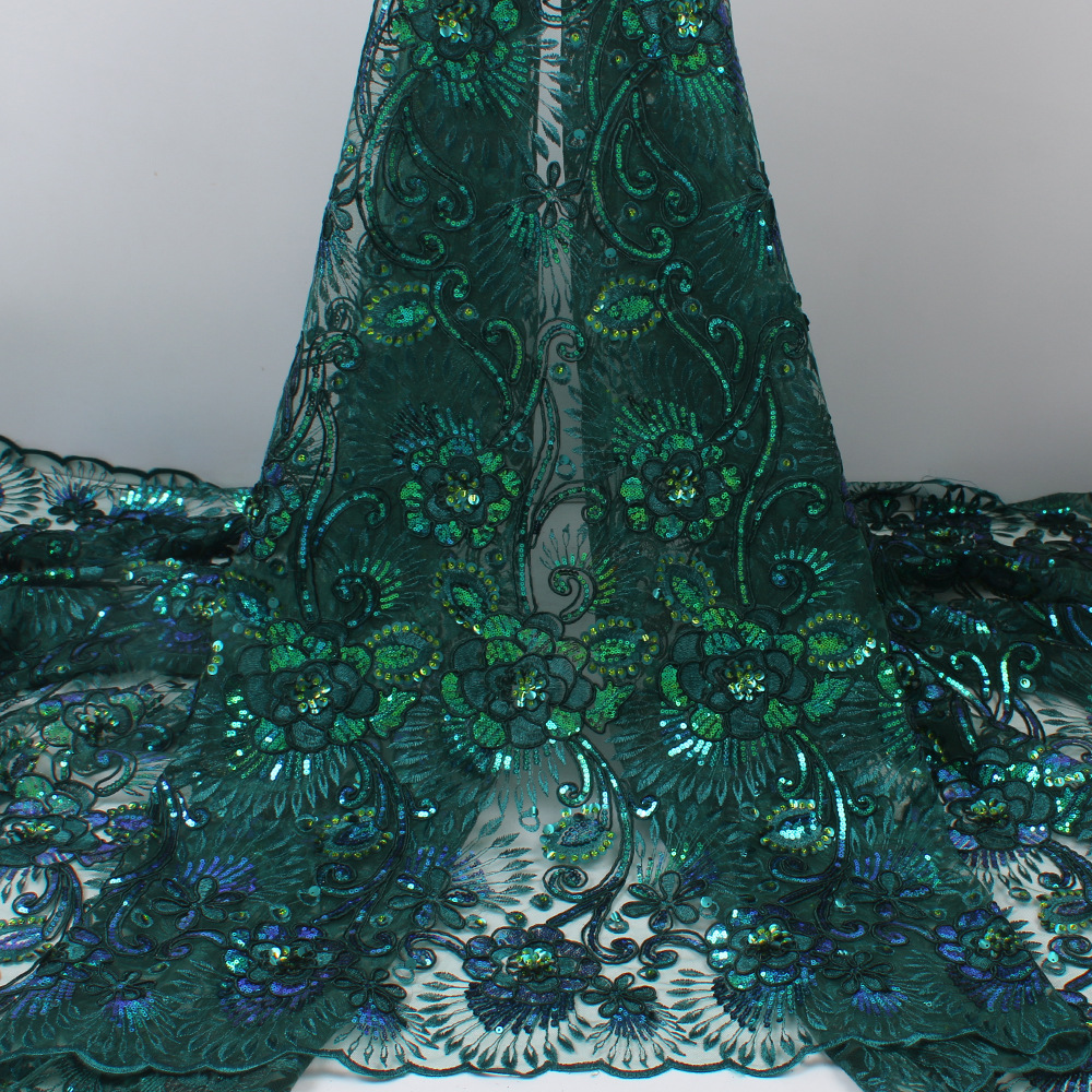 Новейший дизайн, 3D цветочное кружево, Роскошные Блестки, Африканский Свадебный полиэстер, зеленая ткань с вышивкой