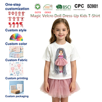 T-shirt personnalisé pour filles 100 % coton avec emblème, OEM, motif poupée 3D amovible à la klette, haut oversize pour enfants, vente en gros