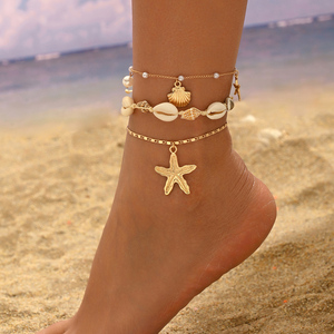 Chevillères Bohèmes en Alliage de Zinc Étanche Plaqué Or 3 Pièces/Ensemble, Chaîne de Cheville Étoile de Mer et Coquillage pour Femme, Idéales pour l'Été et la Plage - Product Image 1