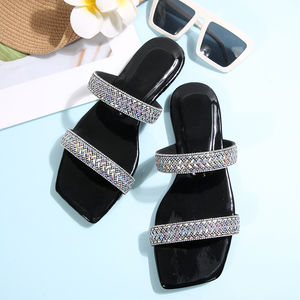 Sandales plates à lanières brillantes en strass pour femmes, confortables, grande taille, à bout carré ouvert, type claquettes - Product Image 6