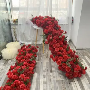Wedding Flower Arrangement Customized 2 meter Artificial Runner Wedding Table Red Rose Flower Runners Flowers row