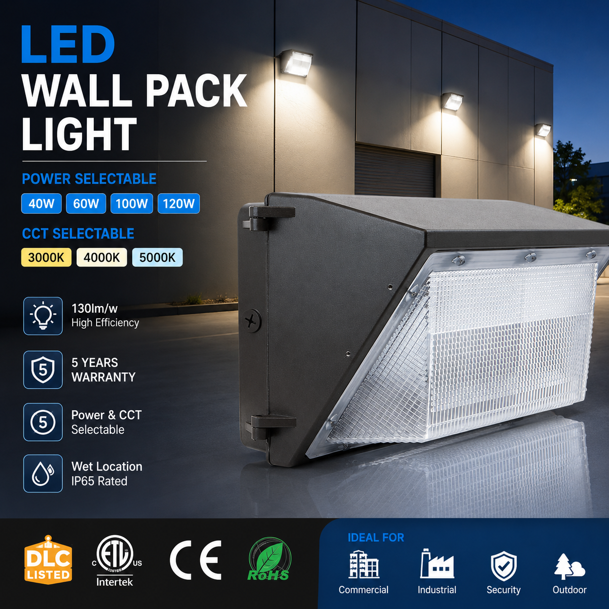 130LM/W Outdoor LED Wall Fixture Waterproof 40W 60W 100W 120W LED Wall Pack Light with Photocell Sensor for Warehouse Garage