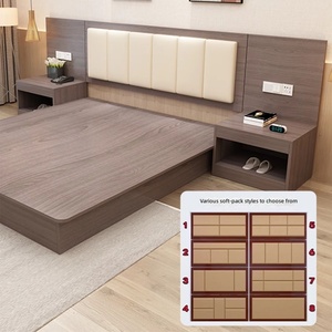 Ensemble de mobilier de chambre d'hôtel en bois de frêne gris avec lit king-size, têtes de lit intégrées verticales souples beiges, options multiples, pour suite d'hôtes - Product Image 1