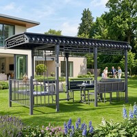 Banc de jardin traditionnel à balançoire avec structure en acier, table durable et toit rigide, ensemble de gazebo extérieur pour 8 personnes