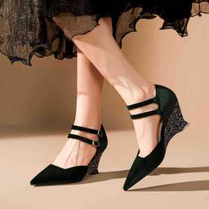 Chaussures Mary Jane à bout pointu, double bride, talons compensés, en velours noir, avec boucle, tendance mode, escarpins pour femmes - Product Image 1