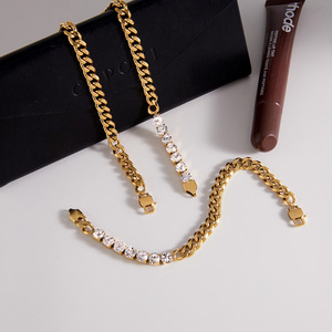 Conjunto de collar de cadena cubana de acero inoxidable con diamantes de imitación para mujer, joyería para fiestas - Product Image 4