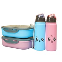 Boîte à lunch carrée pour enfants, style dessin animé, avec gourde, ensemble de 4 compartiments, récipient en plastique, compatible micro-ondes, pour l'école