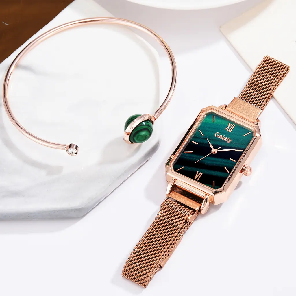 Gaiety Brand Women Watches Fashion Square Ladies Quartz Watch Bracelet Set Green Dial Simple Rose Gold Mesh Luxury Women Watches