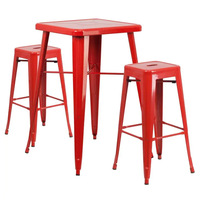 Ensemble de table de bar intérieur-extérieur en métal rouge carré de 23.75 ''de qualité commerciale tabourets à dos nu à siège carré