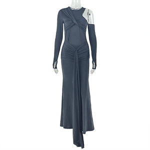 <span class=keywords><strong>Vestito</strong></span> a maniche lunghe a due colori da donna ritagliato Bodycon Maxi abito da Club plissettato S-L - Product Image 5