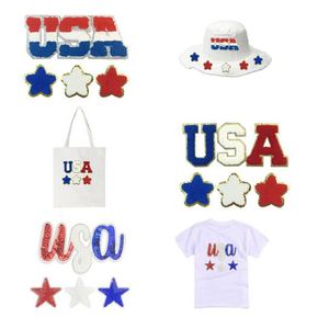 Patchs brodés thermocollants en chenille à bordure argentée avec lettres USA pour la décoration de chapeaux et de vêtements - Product Image 1