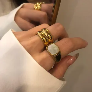 Modernist 18K Gold Chunky White Shell Thick Statement Rings Cigar Band Ring for Women Minimalist Jewelry