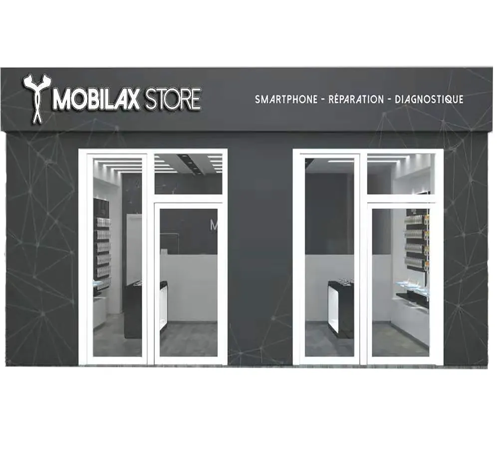 Boutique de téléphonie mobile de style noir table d'affichage de téléphone portable de style simple moderne conception d'usine fenêtre d'accessoires de téléphone portable personnalisée
