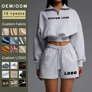Fashion Custom Damen Quarter Zip Pullover Hoodie und Shorts Set Siebdruck Baumwolle Fleece Tracked Suit - Product Image 1