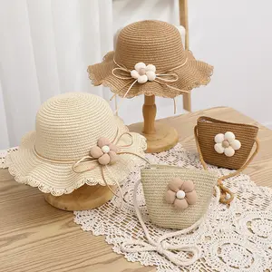 어린이 여름 어부 모자 밀짚 모자 가방 2 개/세트 사랑스러운 꽃 태양 보호 모자 도매