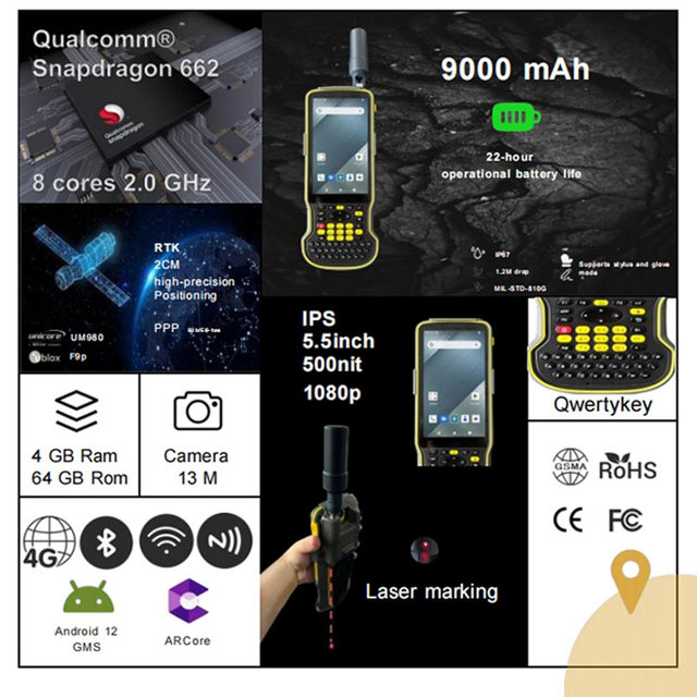 D5 Pro Rugged Android Multi-Frequency 4G IP67 Waterproof Laser GNSS RTK Survey Controller