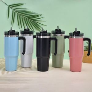 Gobelet de voyage isotherme en acier inoxydable 30 oz à surface mate avec poignée et paille - Product Image 6