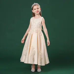 New Design Girl's Long Evening Dress Full Dress Party Glitter Ball Gown Satin Wedding Dress For 5-9 Years Old Kids Girls