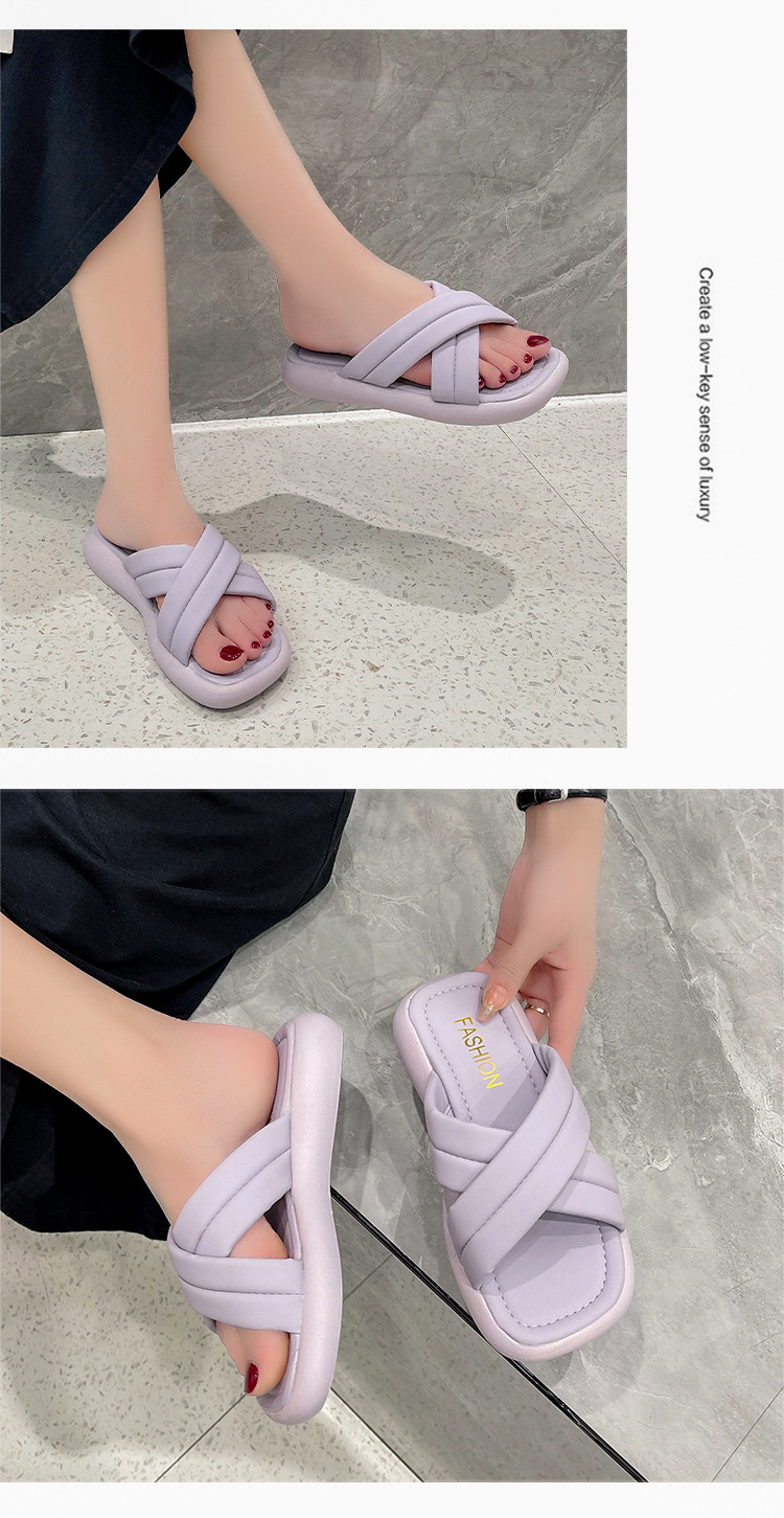 New Platform Slippers Cross Strap Comfortable Home Shoes Outside Square Head Beach Sandals