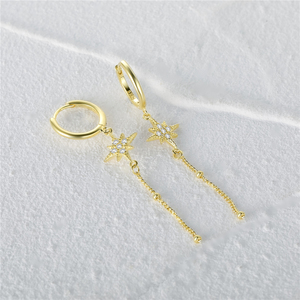 Pendientes de Aro Modernos con Borla Larga de Plata de Ley S925 con Estrella de Ocho Puntas para Mujer - Product Image 2