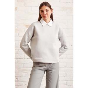Sweat-shirt à col rond oversize pour femme, 100% coton, tricoté, manches régulières, gris - Product Image 3