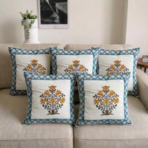 Juego de Fundas de Cojín con Estampado Floral, Fundas de Almohada de Algodón con Borde Azul y Diseño de Flores Amarillas, Fundas para Cojines de Sofá - Product Image 1