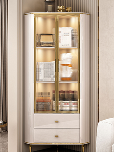 Meuble d'angle moderne avec vitrine haute et étroite, porte en verre, éclairage LED et tiroir, buffet d'angle de luxe - Product Image 3