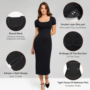 Wholesale New Arrival Custom Seamless Tummy Control Slimming Short-sleeved Square Neck Maxi Ladies Long Shapewear Women Dresses