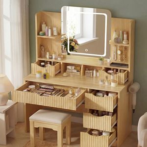 SENYU Coiffeuse Moderne en Bois avec Miroir LED, Tiroirs de Rangement, Crochets à Bijoux et Support pour Sèche-Cheveux, Meuble de Chambre - Product Image 3