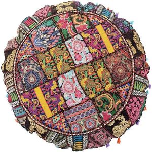 Coussin de sol en coton patchwork indien Khambadiya fait main de couleur noire avec pompons à prix avantageux - Product Image 3