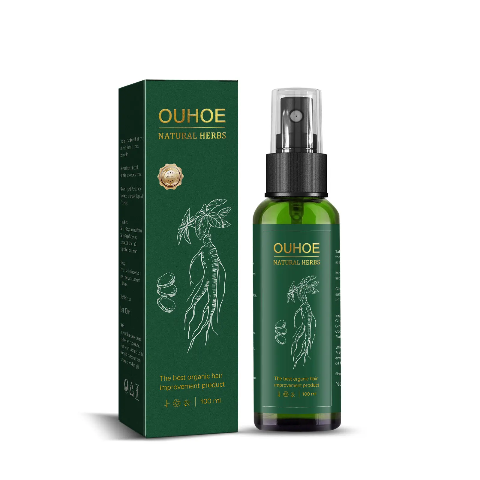 Großhandel Ouhoe Natural Herbals Ginseng Haar Tonic Liquid Hair Regrowth Anti Haarausfall Serum Haarwuchs Ätherisches Öl Spray OEM