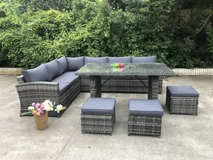 Polyrattan 정원 가구 코너 소파 라운지, 의자 및 안락 의자와 높은 식사 테이블 세트
