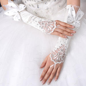 Gants de mariée perlés de <span class=keywords><strong>mariage</strong></span>, gants en satin sans doigts coude nœud papillon mitaines pour fête - Product Image 2