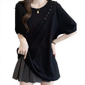 Camisetas de algodón de alta calidad para mujer, estilo oversize, con botones y pliegues, camisetas de manga corta, informales, para verano. - Product Image 1