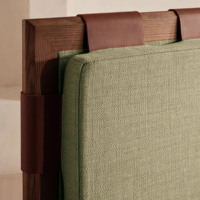 Lit en tissu moderne avec tête de lit en cuir et sangles, cadre en bois, lit plateforme, ensemble de meubles de chambre à coucher pour maison et villa