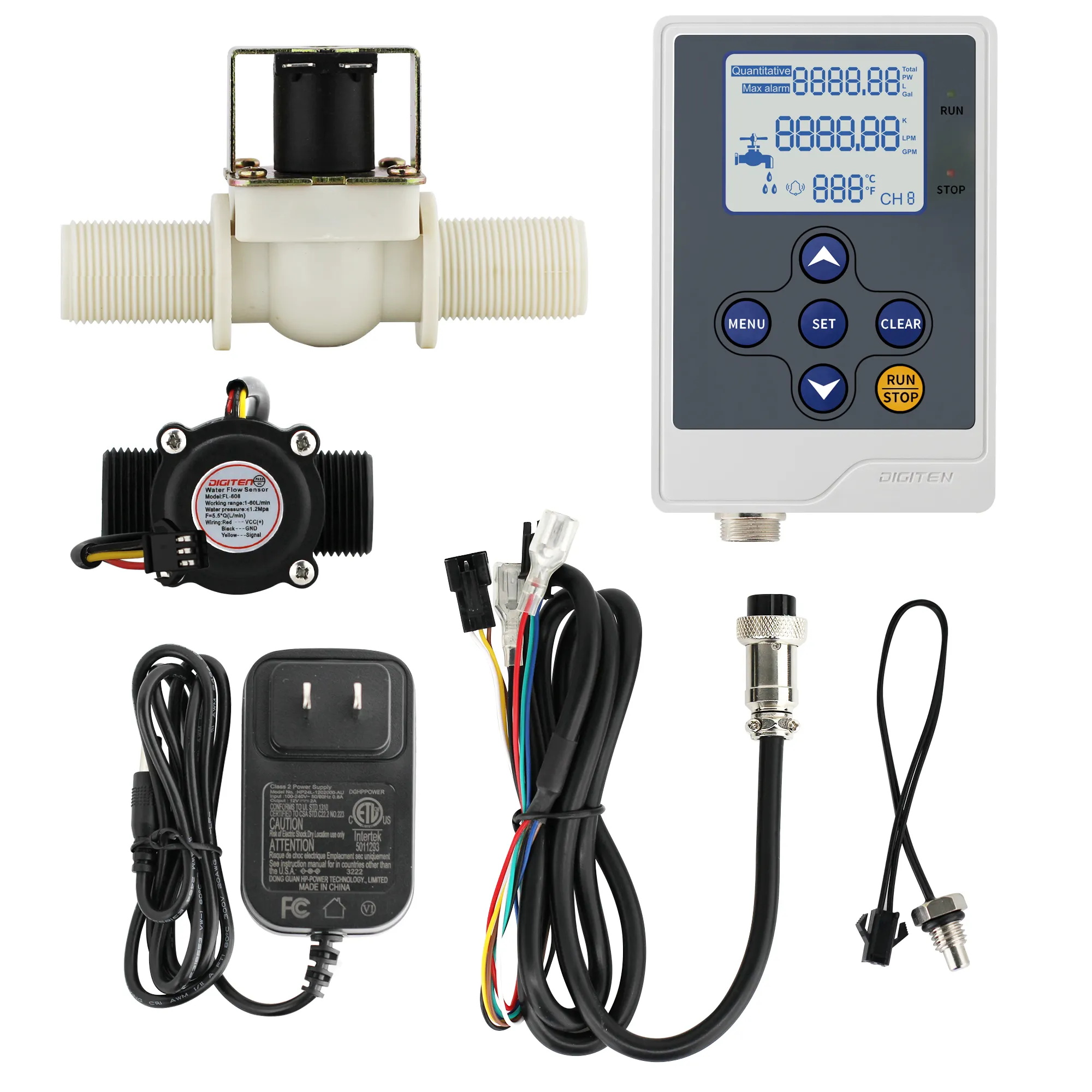 DIGITEN Water Flow Controller+G3/4" Flow Sensor Flowmeter+G3/4" Solenoid Valve Normally Closed+12V Power