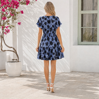 Robe décontractée pour femme, coupe ample, à manches courtes, col en U, imprimé numérique tissé, motif fleur d'iris bleu roche, service OEM, été 2026