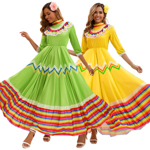 Vestido largo de estilo étnico mexicano para mujer, disfraz para actuación en escenario, verde, amarillo, talla para adultos - Product Image 1