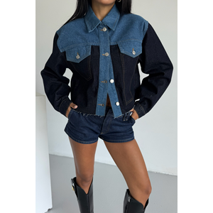 Chaqueta vaquera casual de dos colores con estampado, top corto, ajuste holgado, estilo urbano, logo bordado, técnica lavada para verano, otoño e invierno - Product Image 4