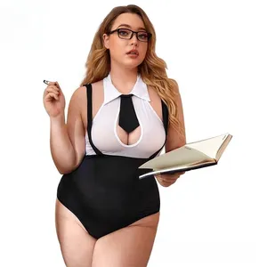 Women Sexy Lingerie Plus Size Cosplay School girl Costume Ultra-Thin Transparent Bodysuit With Tie Sexy Costume
