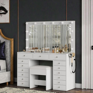 Coiffeuse moderne <span class=keywords><strong>avec</strong></span> 15 tiroirs, en acier inoxydable, station <span class=keywords><strong>de</strong></span> charge, 12 ampoules LED, <span class=keywords><strong>miroir</strong></span> HD, 3 niveaux <span class=keywords><strong>de</strong></span> luminosité - Product Image 5