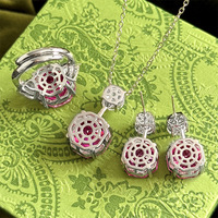 Nouveautés : Parure de bijoux en zircon cubique violet taille rose, motif floral, comprenant collier, boucles d'oreilles et bague, bijoux fantaisie pour femme